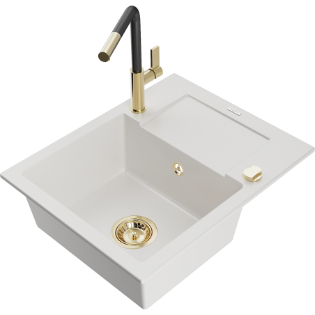 Mexen Enzo Granite Sink 1-Bowl with Drainer and Kitchen Tap Flora, White - 6506-20-670401-57-G
