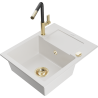 Mexen Enzo granite kitchen sink 1-bowl with drainer and Flora kitchen faucet, white - 6506-20-670401-57-G