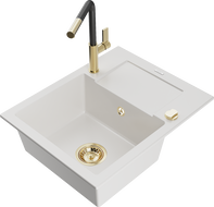 Mexen Enzo 1-compartment granite sink with a drip tray and kitchen mixer tap Flora, White - 6506-20-670401-57-G