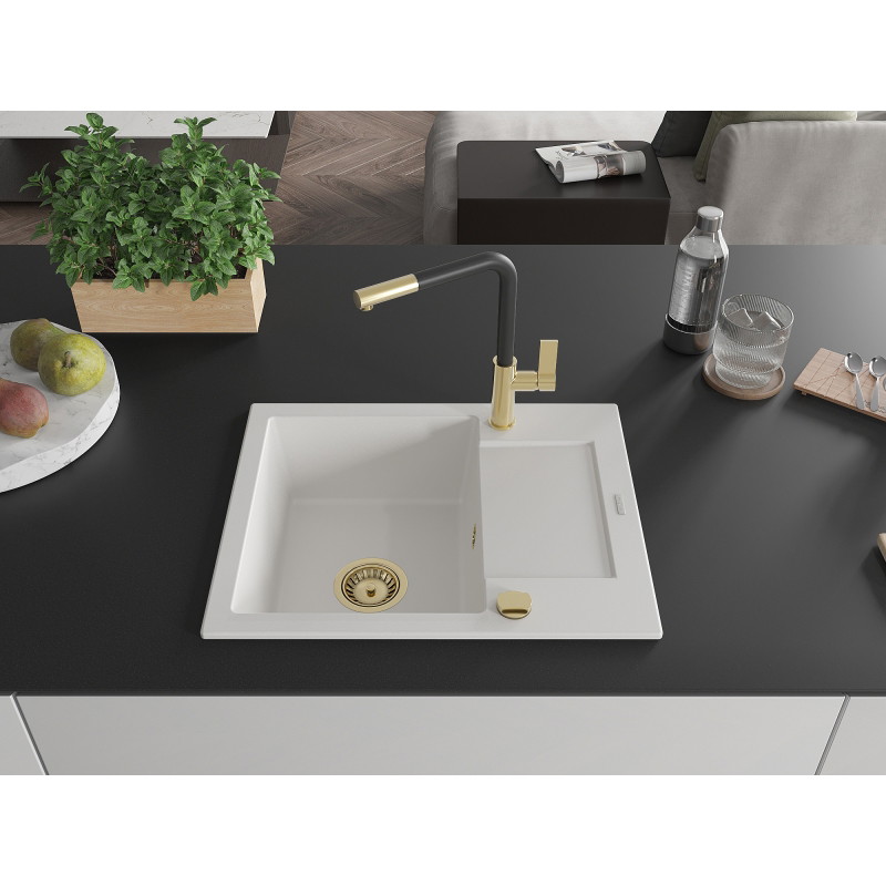 Mexen Enzo granite kitchen sink 1-bowl with drainer and Flora kitchen faucet, white - 6506-20-670401-57-G