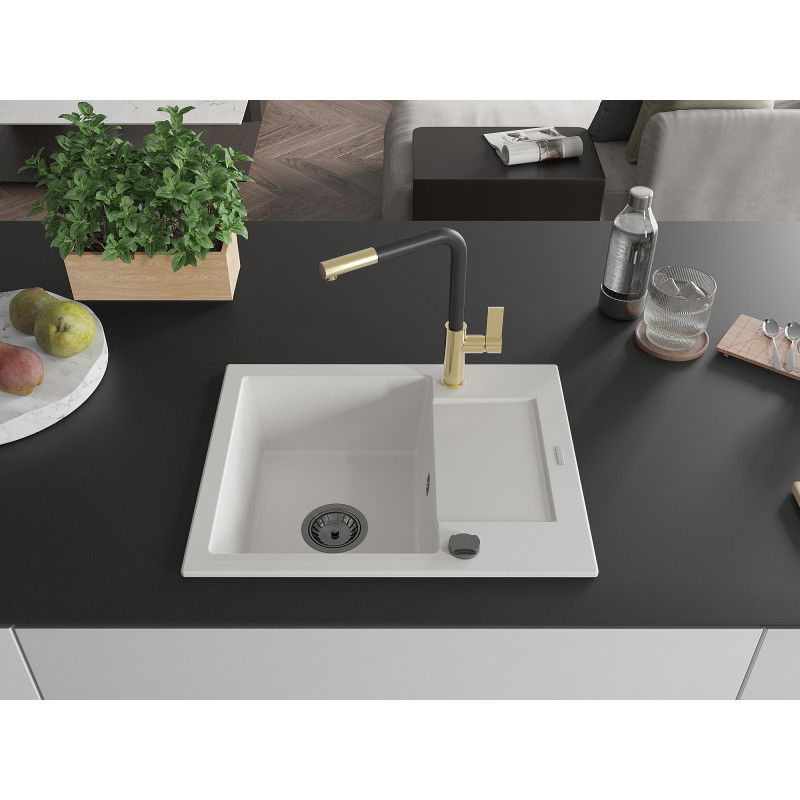 Mexen Enzo granite kitchen sink 1-bowl with drainer and Flora kitchen tap, white - 6506-20-670401-57-B