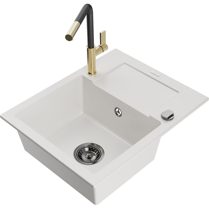 Mexen Enzo 1-bowl granite sink with drainer and Flora kitchen faucet, white - 6506-20-670401-57-B