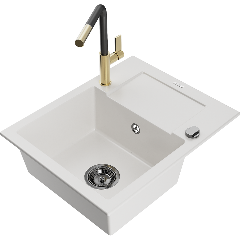 Mexen Enzo 1-compartment granite sink with a drip tray and kitchen mixer tap Flora, White - 6506-20-670401-57-B