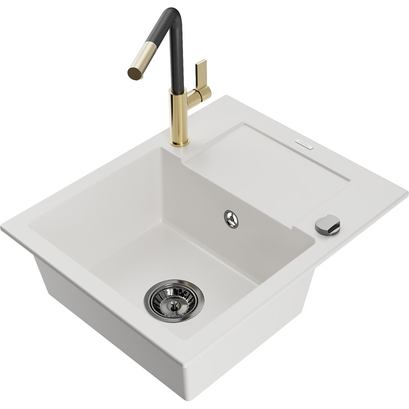 Mexen Enzo granite sink 1-bowl with drainer and Flora kitchen faucet, white - 6506-20-670401-57-B