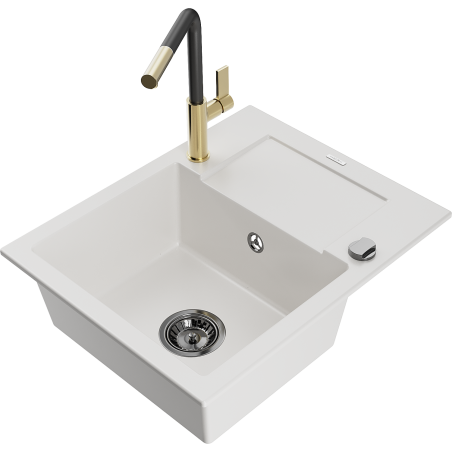 Mexen Enzo 1-bowl granite sink with drainer and Flora kitchen faucet, white - 6506-20-670401-57-B
