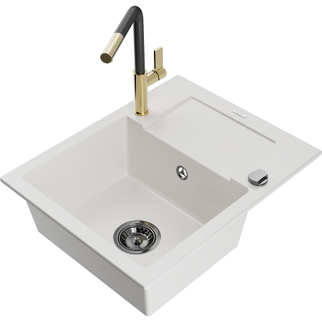 Mexen Enzo granite sink 1-bowl with drainer and Flora kitchen faucet, white - 6506-20-670401-57-B