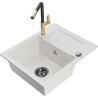 Mexen Enzo 1-bowl granite sink with drainer and Flora kitchen faucet, white - 6506-20-670401-57-B