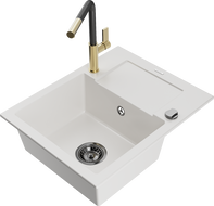 Mexen Enzo granite sink 1-bowl with drainer and Flora kitchen faucet, white - 6506-20-670401-57-B