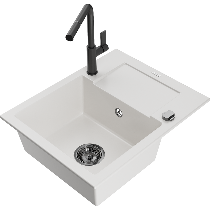 Mexen Enzo 1-compartment granite sink with a drip tray and kitchen mixer tap Flora, White - 6506-20-670401-70-B