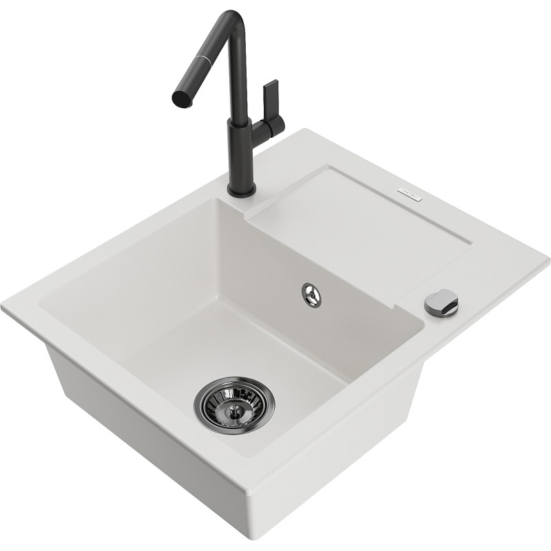 Mexen Enzo granite kitchen sink 1-bowl with drainer and Flora kitchen faucet, white - 6506-20-670401-70-B
