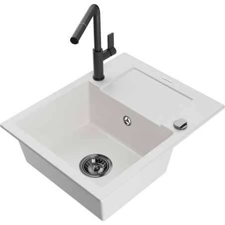 Mexen Enzo 1-compartment granite sink with a drip tray and kitchen mixer tap Flora, White - 6506-20-670401-70-B