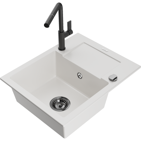 Mexen Enzo granite kitchen sink 1-bowl with drainer and Flora kitchen faucet, white - 6506-20-670401-70-B