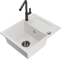 Mexen Enzo granite kitchen sink 1-bowl with drainer and Flora kitchen faucet, white - 6506-20-670401-70-B
