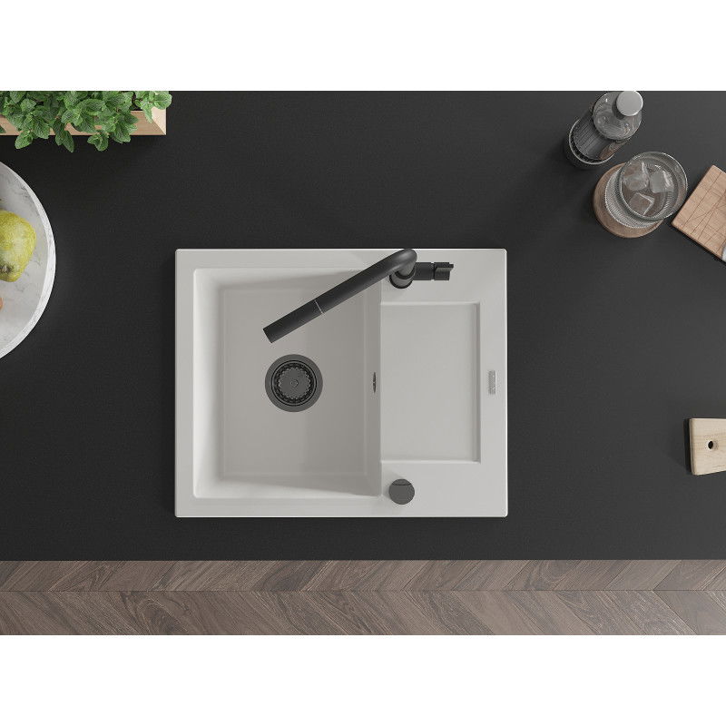 Mexen Enzo granite sink 1-bowl with drainer and Flora kitchen tap, white - 6506-20-670401-70-B