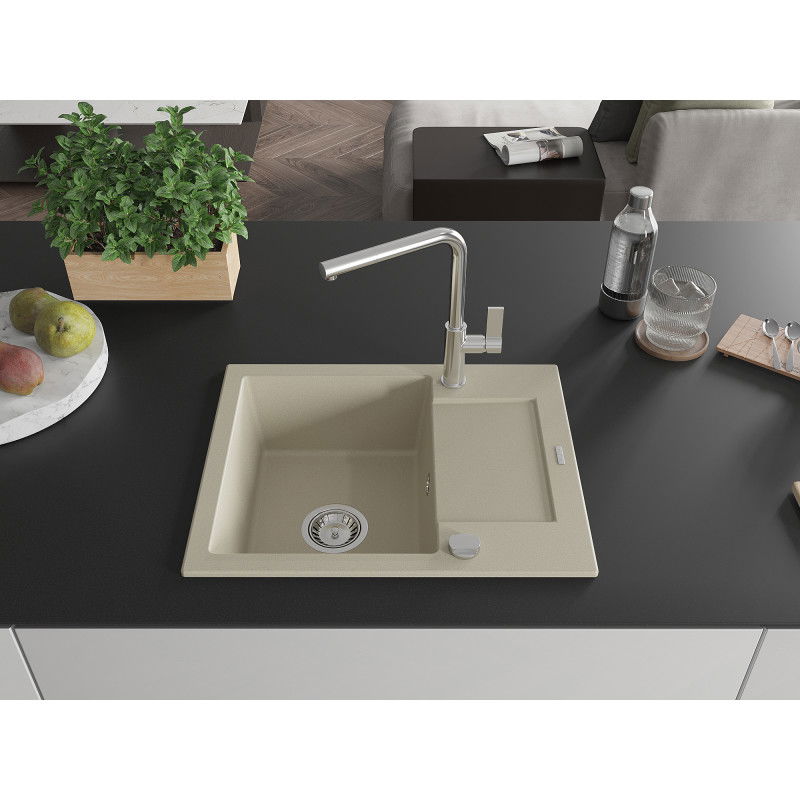 Mexen Enzo 1-bowl granite sink with drainer and Flora kitchen tap, beige - 6506-69-670401-00
