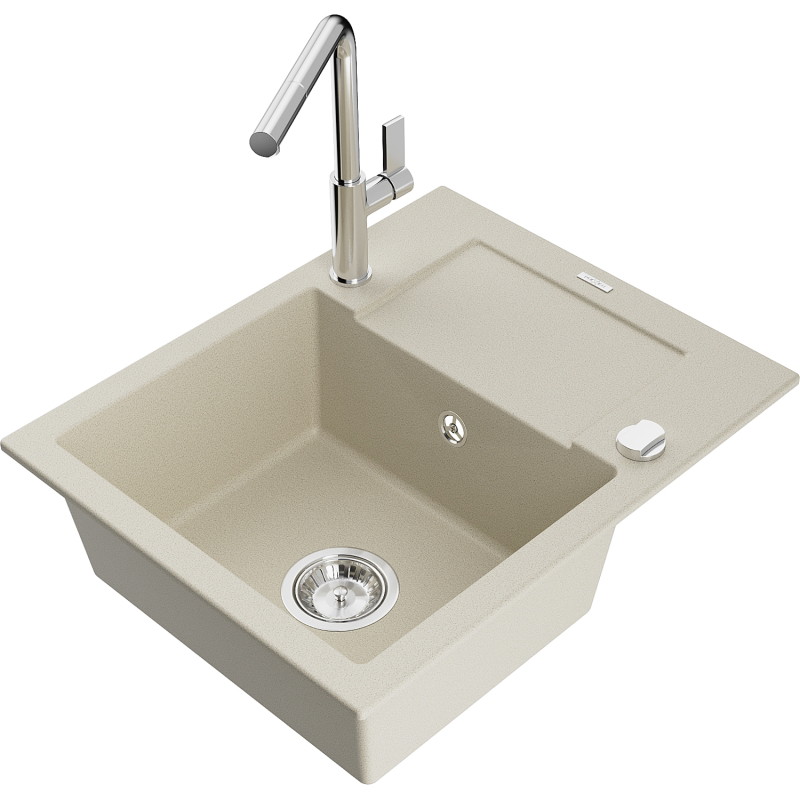 Mexen Enzo 1-Bowl Granite Sink with Drainer and Flora Kitchen Faucet, Beige - 6506-69-670401-00