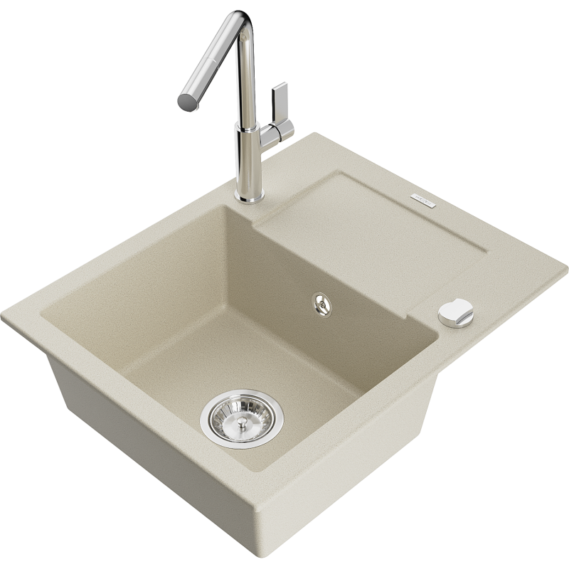 Mexen Enzo 1-compartment granite sink with a drip tray and kitchen mixer tap Flora, Beige - 6506-69-670401-00