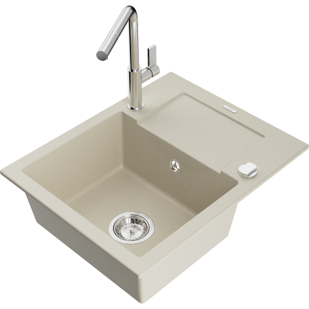 Mexen Enzo 1-compartment granite sink with a drip tray and kitchen mixer tap Flora, Beige - 6506-69-670401-00