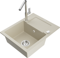Mexen Enzo 1-compartment granite sink with a drip tray and kitchen mixer tap Flora, Beige - 6506-69-670401-00