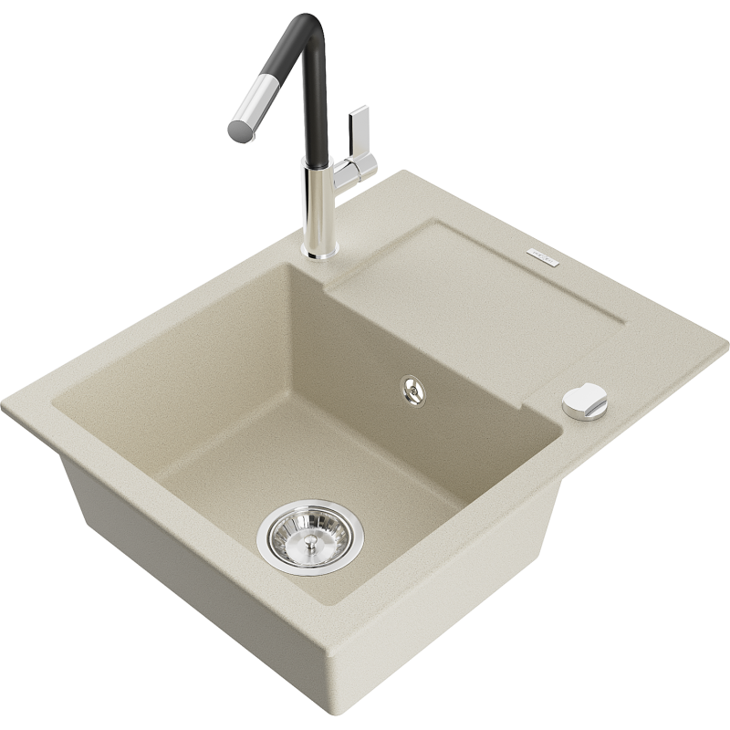 Mexen Enzo granite kitchen sink 1-bowl with drainer and Flora kitchen tap, beige - 6506-69-670401-07