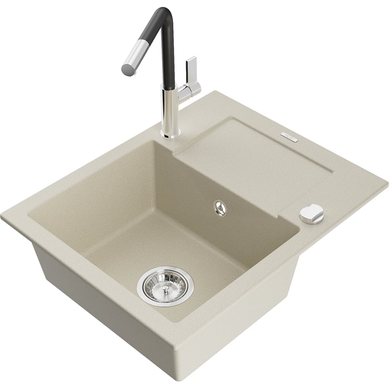 Mexen Enzo granite kitchen sink single-bowl with drainer and Flora kitchen faucet, beige - 6506-69-670401-07