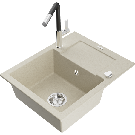 Mexen Enzo granite kitchen sink 1-bowl with drainer and Flora kitchen tap, beige - 6506-69-670401-07