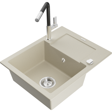 Mexen Enzo granite kitchen sink single-bowl with drainer and Flora kitchen faucet, beige - 6506-69-670401-07