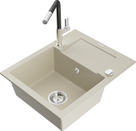 Mexen Enzo 1-compartment granite sink with a drip tray and kitchen mixer tap Flora, Beige - 6506-69-670401-07