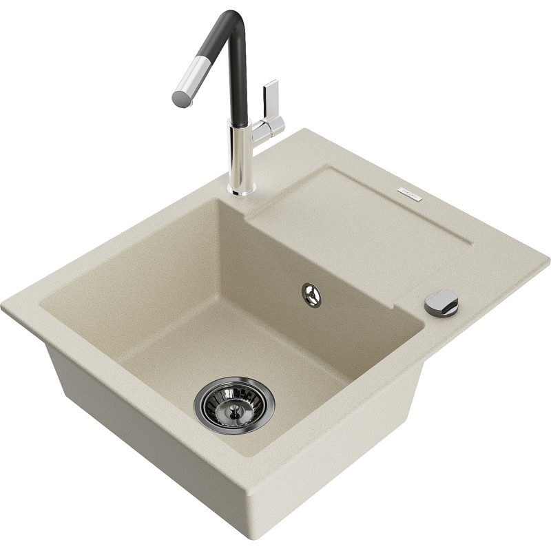Mexen Enzo granite kitchen sink with 1 bowl, drainer, and Flora faucet, beige - 6506-69-670401-07-B