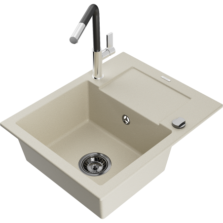 Mexen Enzo 1-compartment granite sink with a drip tray and kitchen mixer tap Flora, Beige - 6506-69-670401-07-B