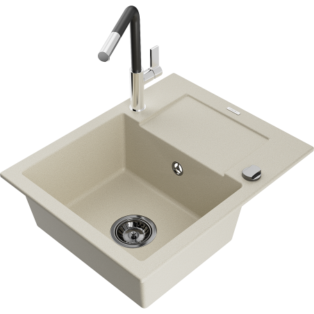 Mexen Enzo granite kitchen sink 1-bowl with drainer and Flora kitchen tap, beige - 6506-69-670401-07-B