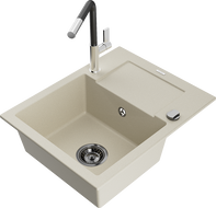 Mexen Enzo 1-compartment granite sink with a drip tray and kitchen mixer tap Flora, Beige - 6506-69-670401-07-B