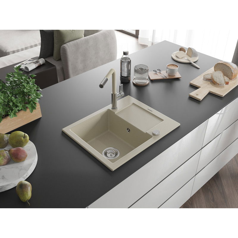 Mexen Enzo Granite Sink 1-Bowl with Drainer and Flora Kitchen Tap, Beige - 6506-69-670401-09