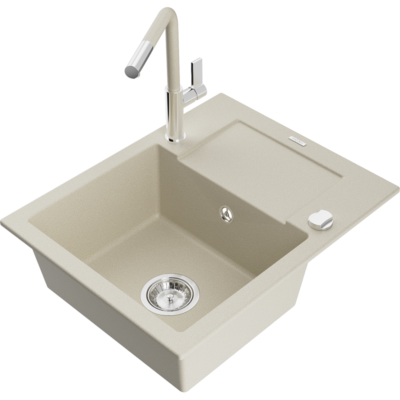 Mexen Enzo 1-compartment granite sink with a drip tray and kitchen mixer tap Flora, Beige - 6506-69-670401-09
