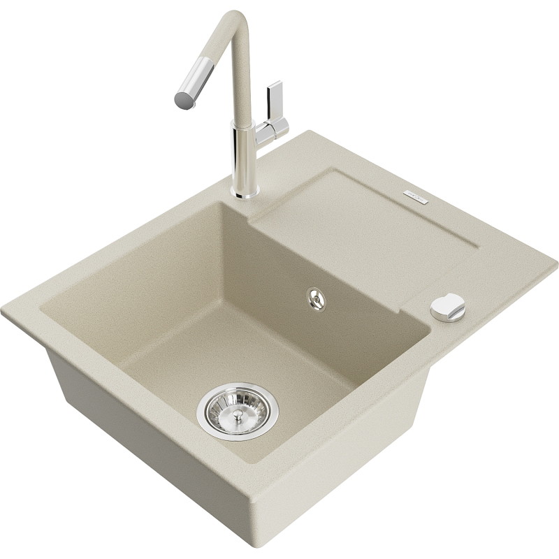 Mexen Enzo granite 1-bowl sink with drainer and Flora kitchen faucet, beige - 6506-69-670401-09