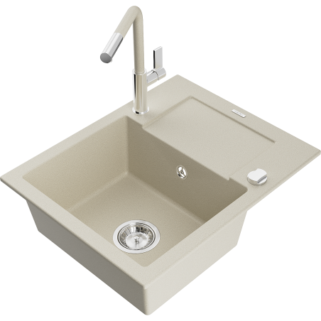 Mexen Enzo granite 1-bowl sink with drainer and Flora kitchen faucet, beige - 6506-69-670401-09