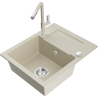 Mexen Enzo granite 1-bowl sink with drainer and Flora kitchen faucet, beige - 6506-69-670401-09