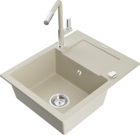 Mexen Enzo granite 1-bowl sink with drainer and Flora kitchen faucet, beige - 6506-69-670401-09