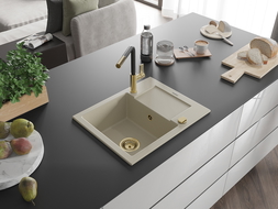 Mexen Enzo 1-compartment granite sink with a drip tray and kitchen mixer tap Flora, Beige - 6506-69-670401-57-G