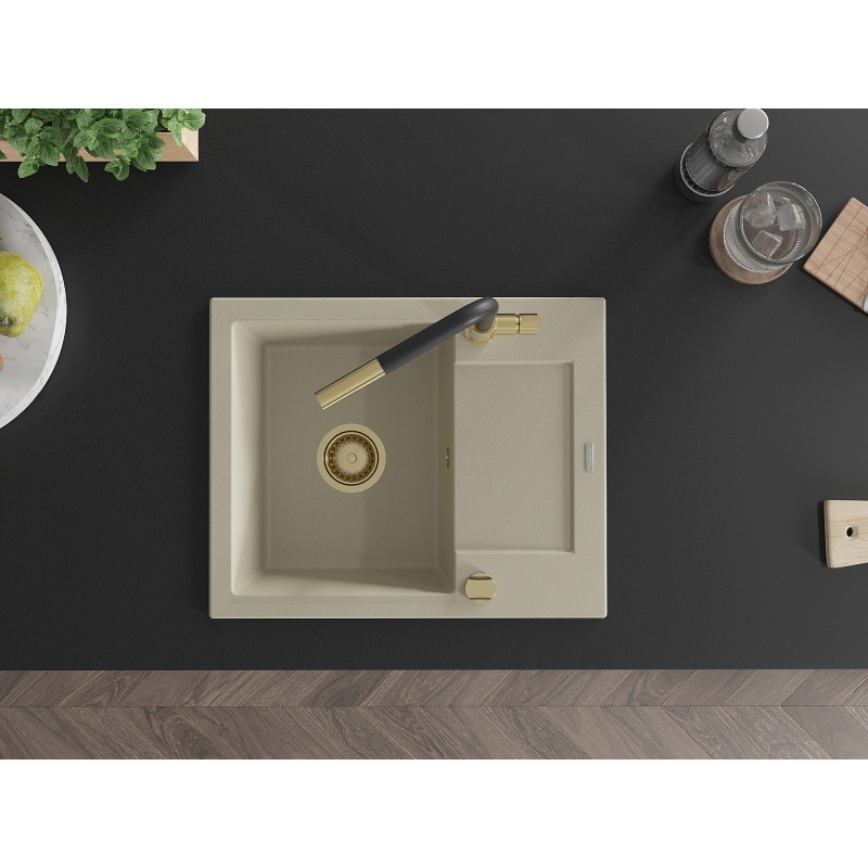 Mexen Enzo 1-bowl granite sink with drainer and Flora kitchen faucet, beige - 6506-69-670401-57-G