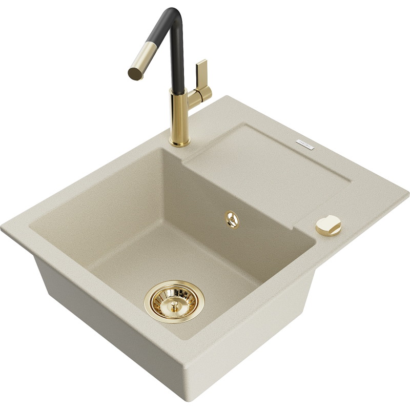 Mexen Enzo 1-bowl granite sink with drainer and Flora kitchen faucet, beige - 6506-69-670401-57-G