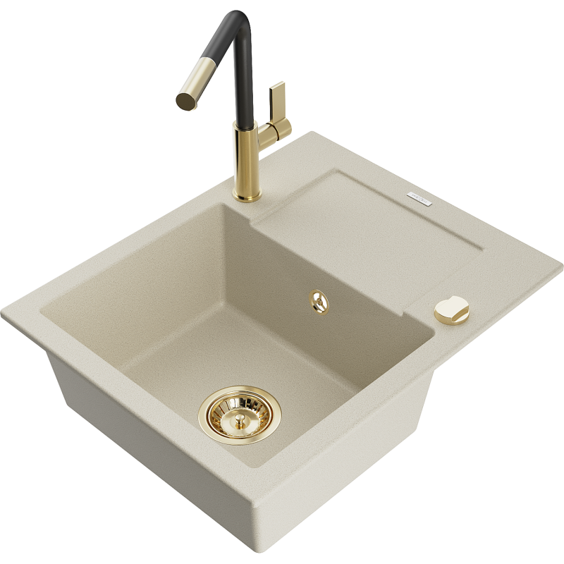 Mexen Enzo 1-compartment granite sink with a drip tray and kitchen mixer tap Flora, Beige - 6506-69-670401-57-G