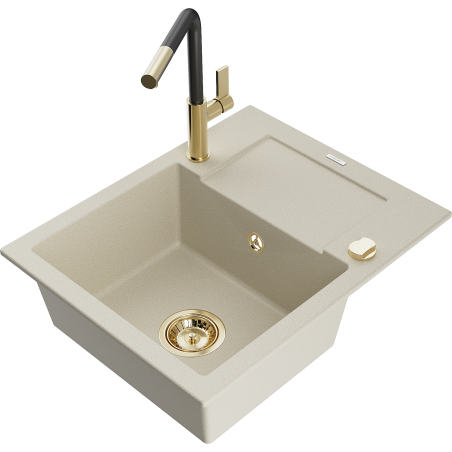 Mexen Enzo 1-bowl granite sink with drainer and Flora kitchen faucet, beige - 6506-69-670401-57-G
