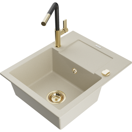 Mexen Enzo 1-compartment granite sink with a drip tray and kitchen mixer tap Flora, Beige - 6506-69-670401-57-G