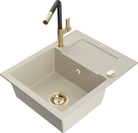 Mexen Enzo 1-bowl granite sink with drainer and Flora kitchen faucet, beige - 6506-69-670401-57-G