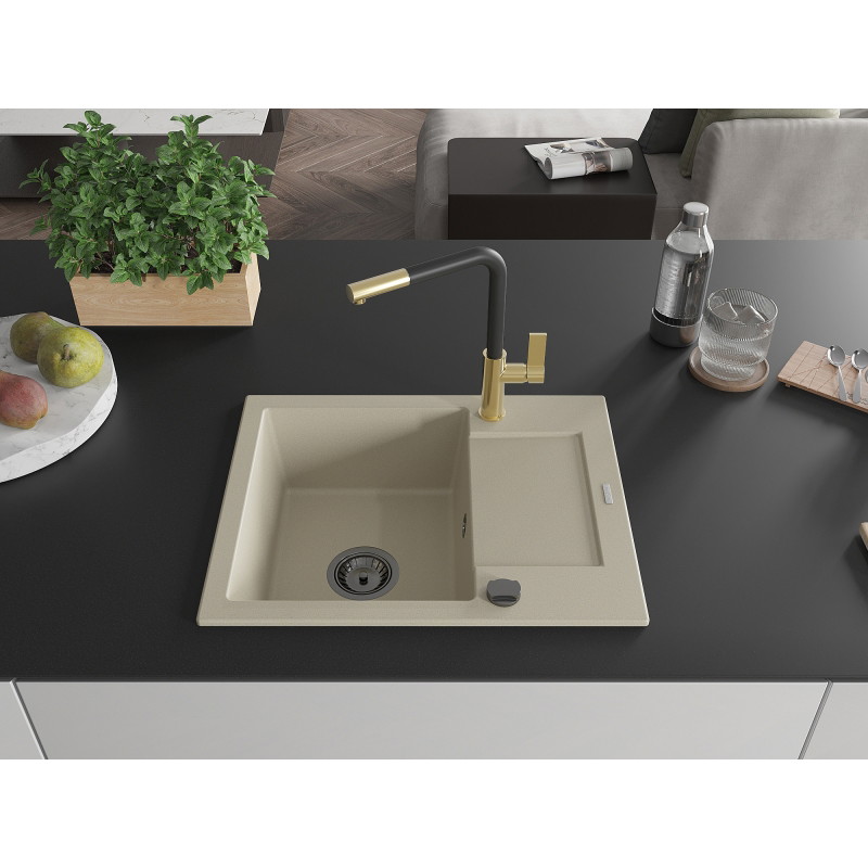 Mexen Enzo 1-bowl granite sink with drainer and Flora kitchen faucet, beige - 6506-69-670401-57-B