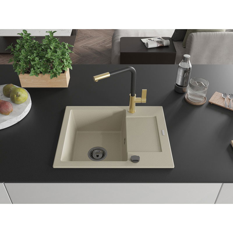 Mexen Enzo granite kitchen sink 1-bowl with drainer and Flora kitchen tap, beige - 6506-69-670401-57-B