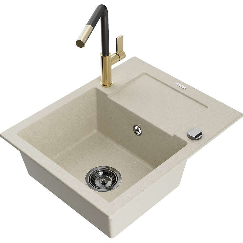 Mexen Enzo 1-bowl granite sink with drainer and Flora kitchen faucet, beige - 6506-69-670401-57-B