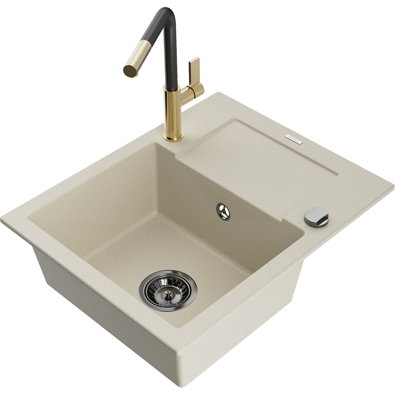 Mexen Enzo 1-compartment granite sink with a drip tray and kitchen mixer tap Flora, Beige - 6506-69-670401-57-B