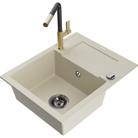 Mexen Enzo granite kitchen sink 1-bowl with drainer and Flora kitchen tap, beige - 6506-69-670401-57-B